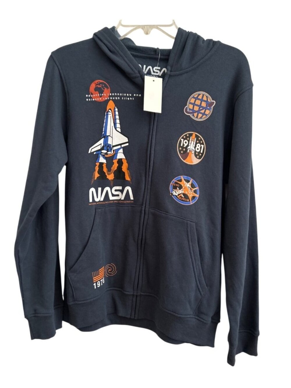 Hybrid Apparel NASA XL Youth Blue Zip-Up Hoodie With Space Shuttle Graphics